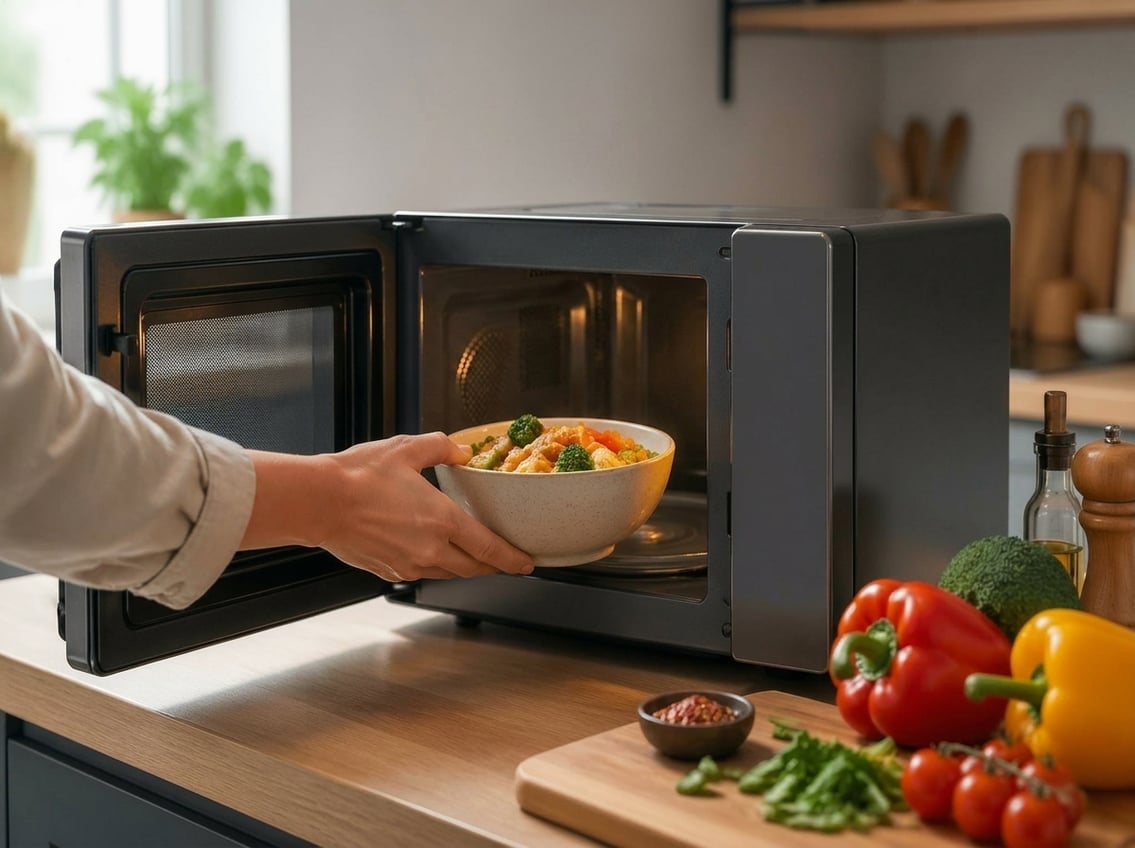 A microwave oven in a kitchen with a person placing a steaming bowl of food inside, surrounded by fresh ingredients on the countertop.