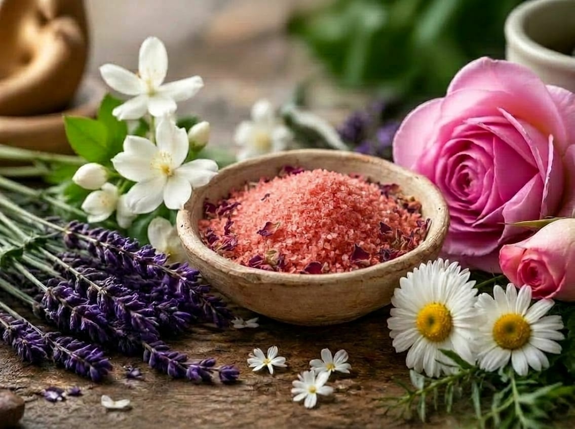 Close-up of fresh flowers and small glass bottles of essential oils arranged on a wooden surface.