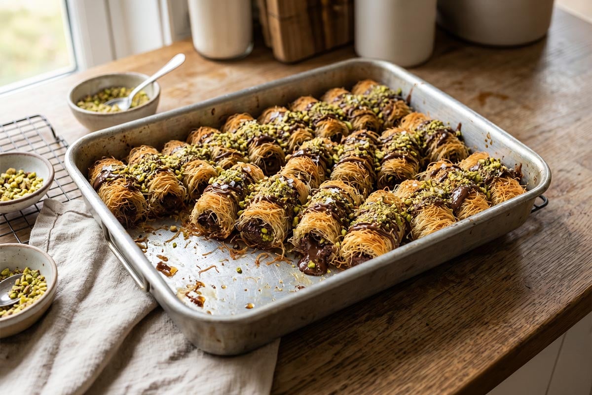 chocolate pistachio kataifi rolls