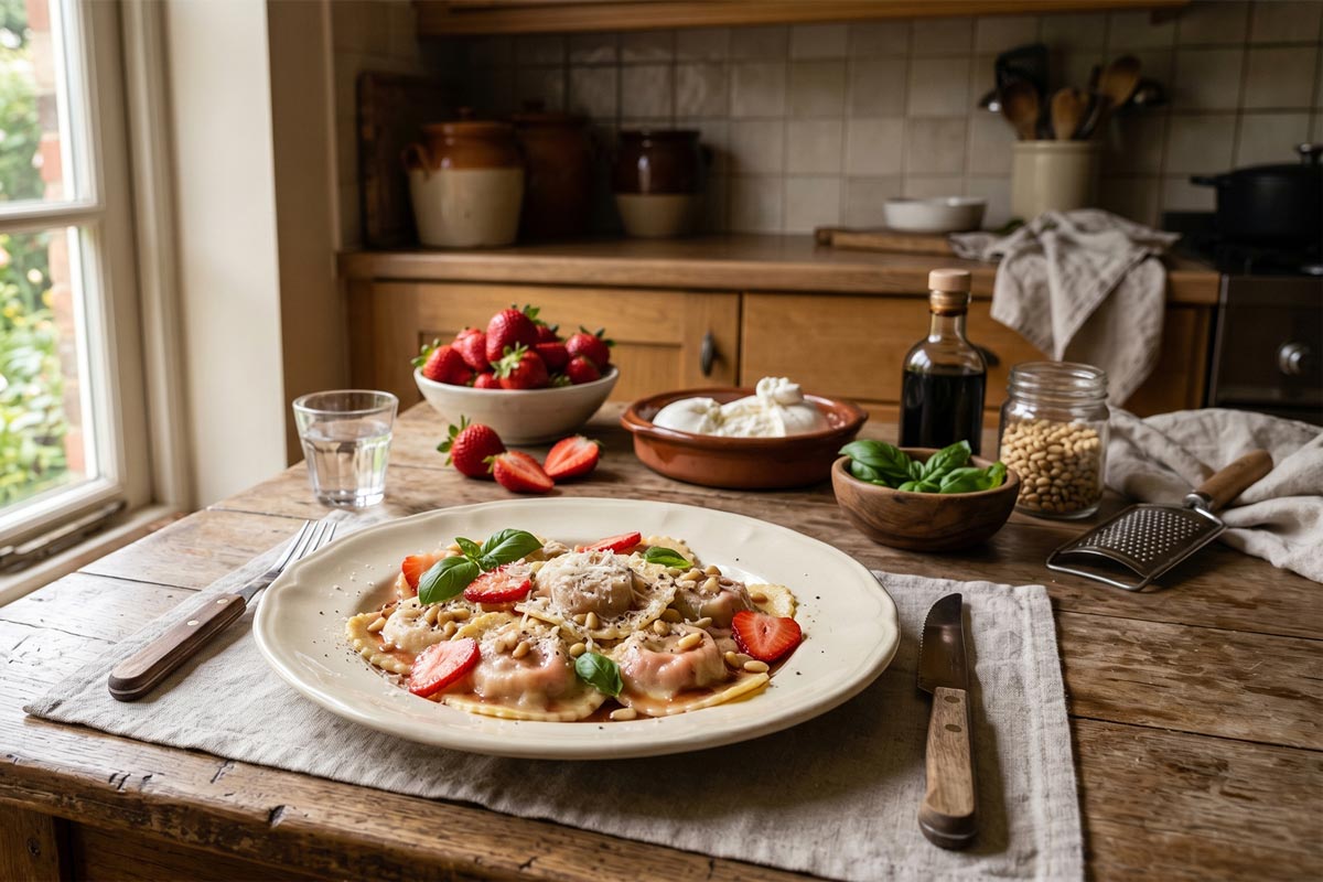 ravioli with strawberry burrata filling