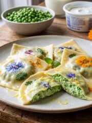 Floral Ravioli with Lemon Ricotta, Peas, Herbs & Spring Flavors