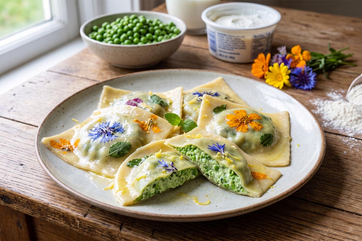 ricotta pea floral ravioli
