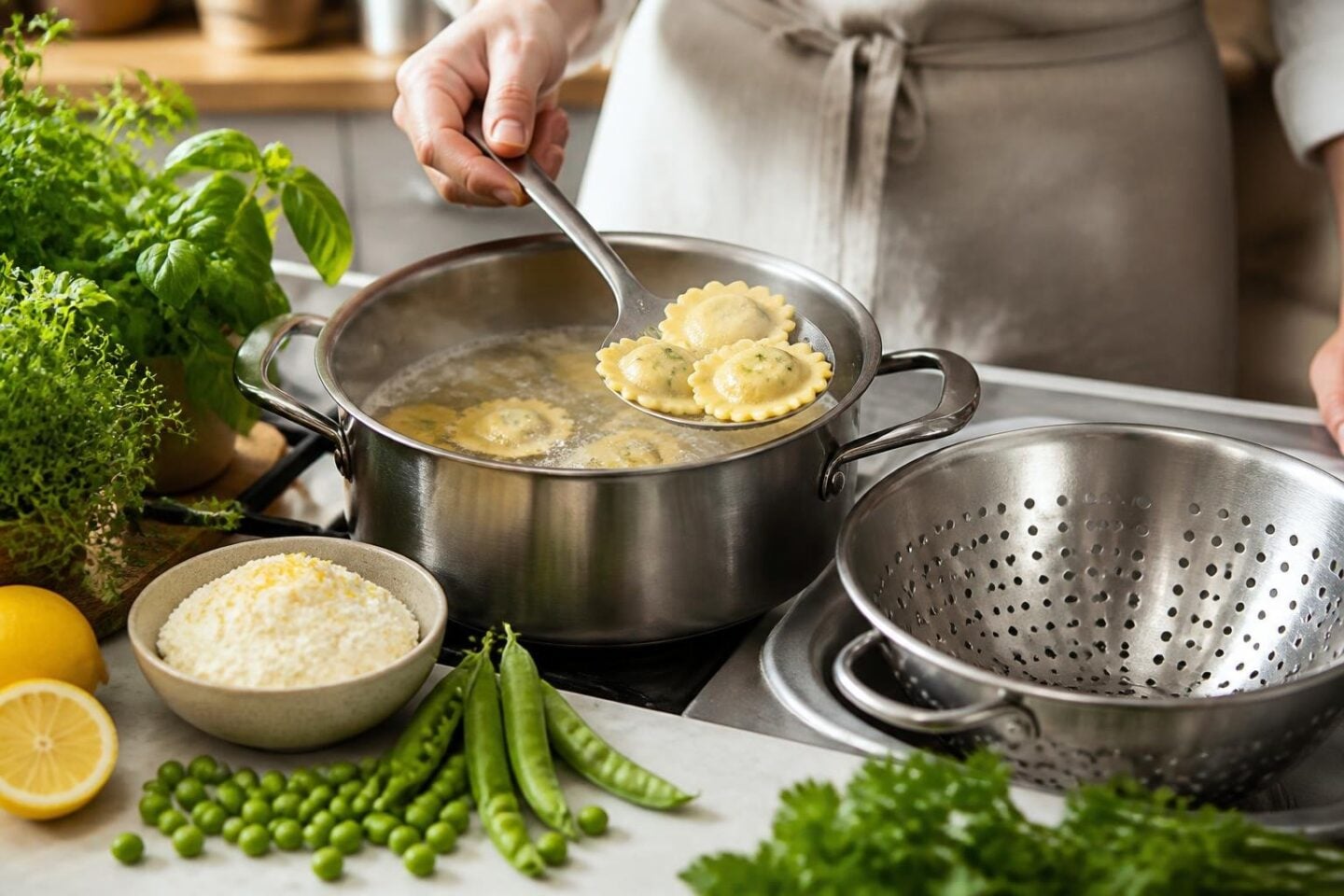 A kitchen scene showing ravioli boiling in a pot on the stove with fresh peas, herbs, and lemon ricotta nearby, and a colander ready for draining.
