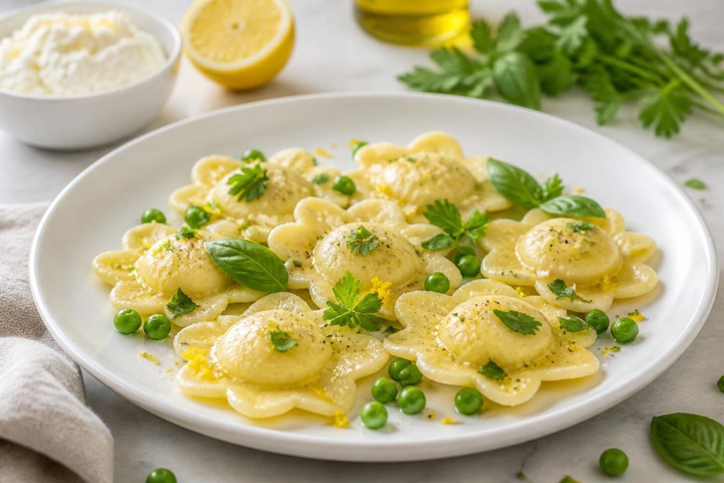 A plate of floral-shaped ravioli filled with lemon ricotta, garnished with peas and fresh herbs on a white plate.