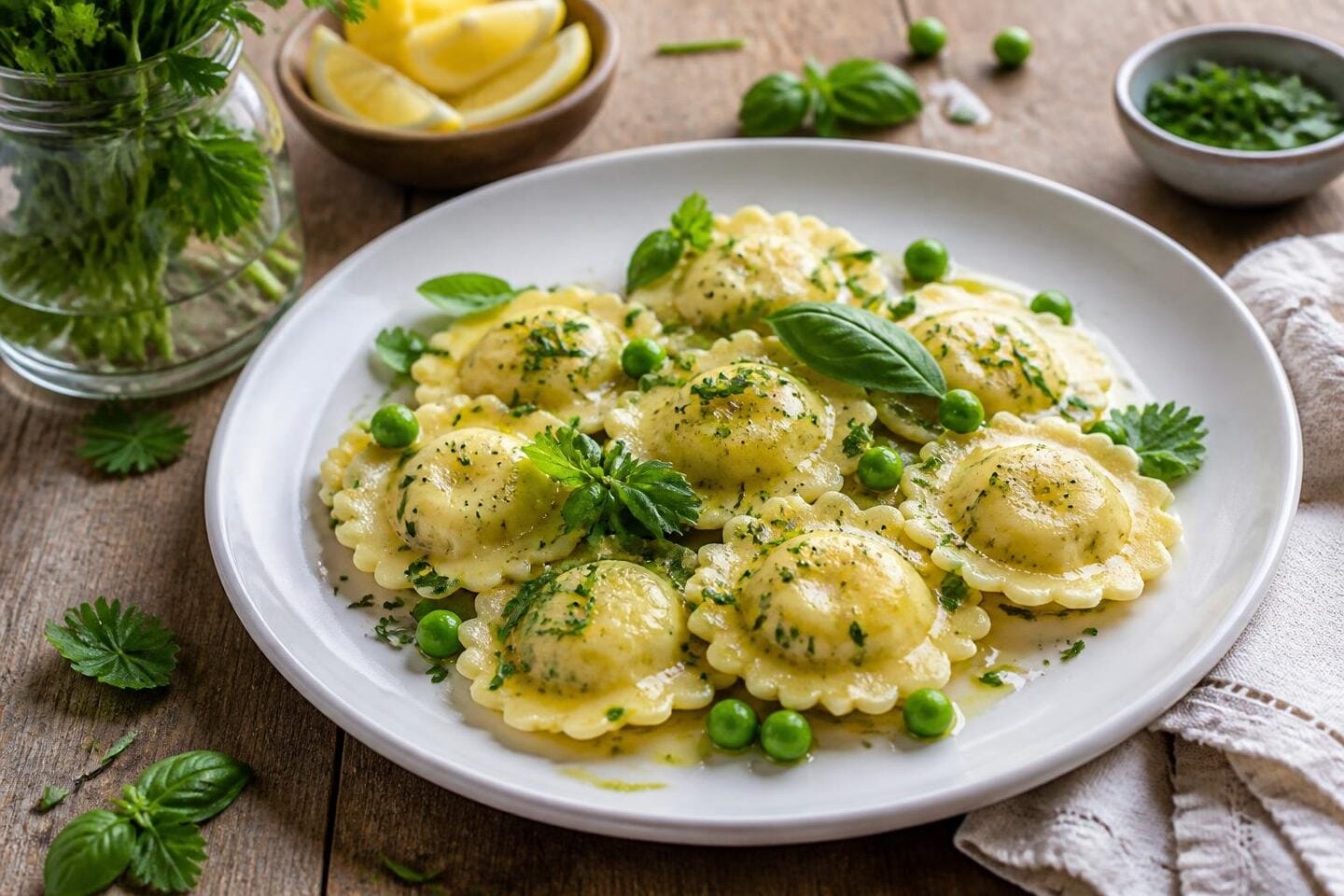 A plate of floral ravioli filled with lemon ricotta, topped with peas and fresh herbs, on a wooden table with kitchen items in the background.