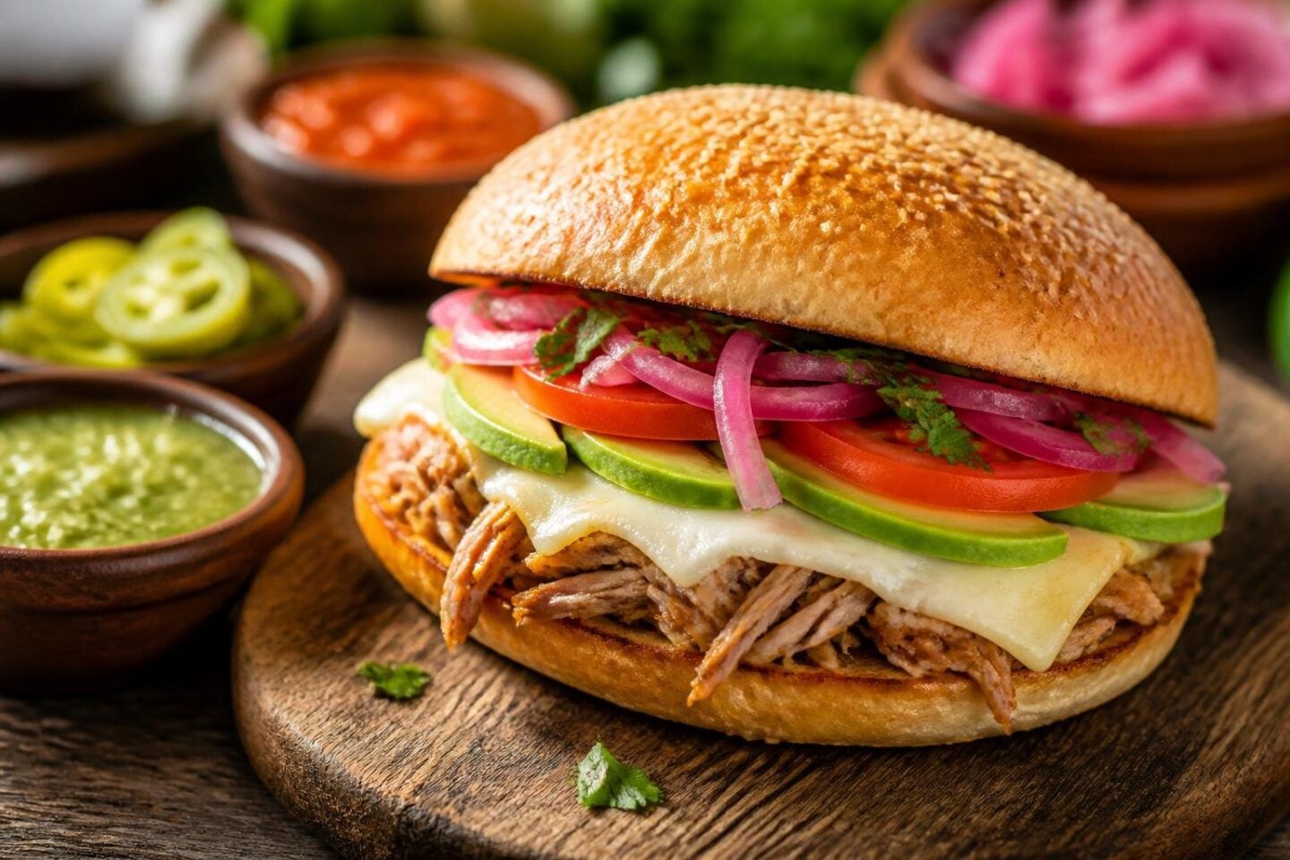 A traditional Cemita Poblana sandwich with shredded meat, avocado, cheese, pickled onions, and sauce on a sesame seed bun, served on a wooden board with lettuce and jalapeños.