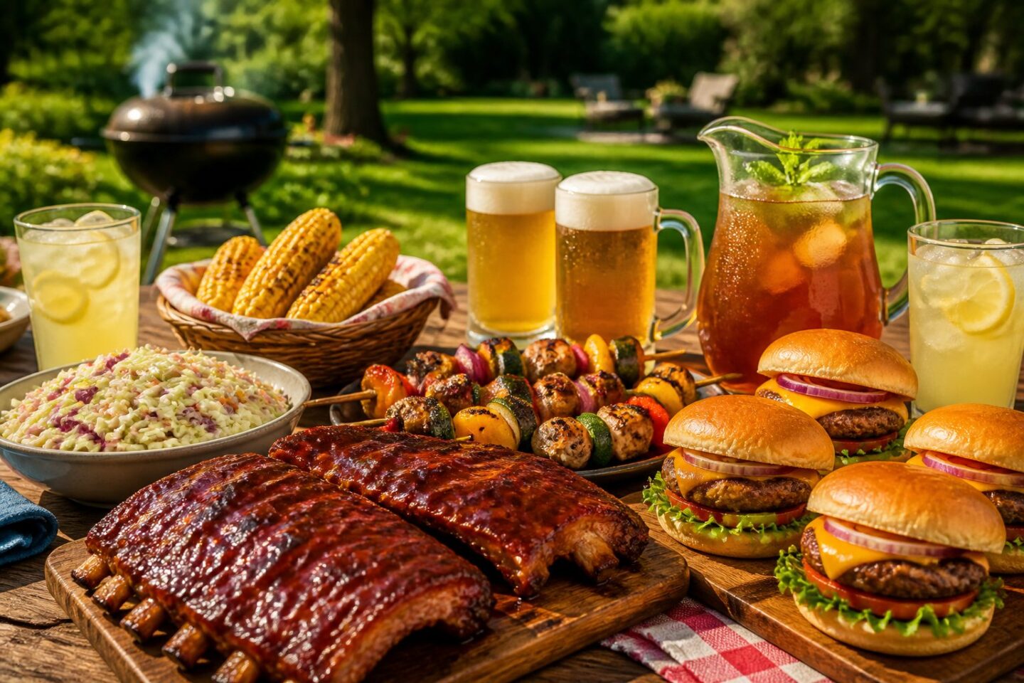A picnic table outdoors with BBQ ribs, grilled burgers, vegetable skewers, corn on the cob, coleslaw, lemonade, beer, and iced tea on a sunny day.