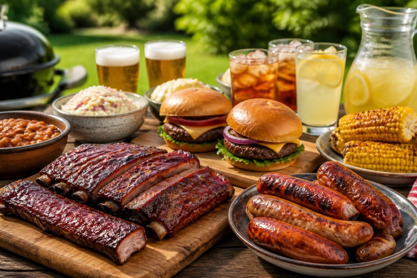 A picnic table outdoors with grilled ribs, sausages, burgers, corn on the cob, coleslaw, baked beans, and glasses of beer, iced tea, and lemonade.