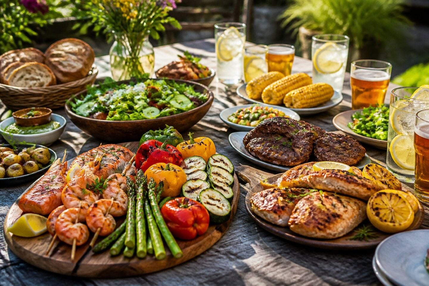 A table outdoors with a variety of grilled dishes including vegetables, seafood, chicken, and plant-based options, accompanied by fresh sides and drinks.