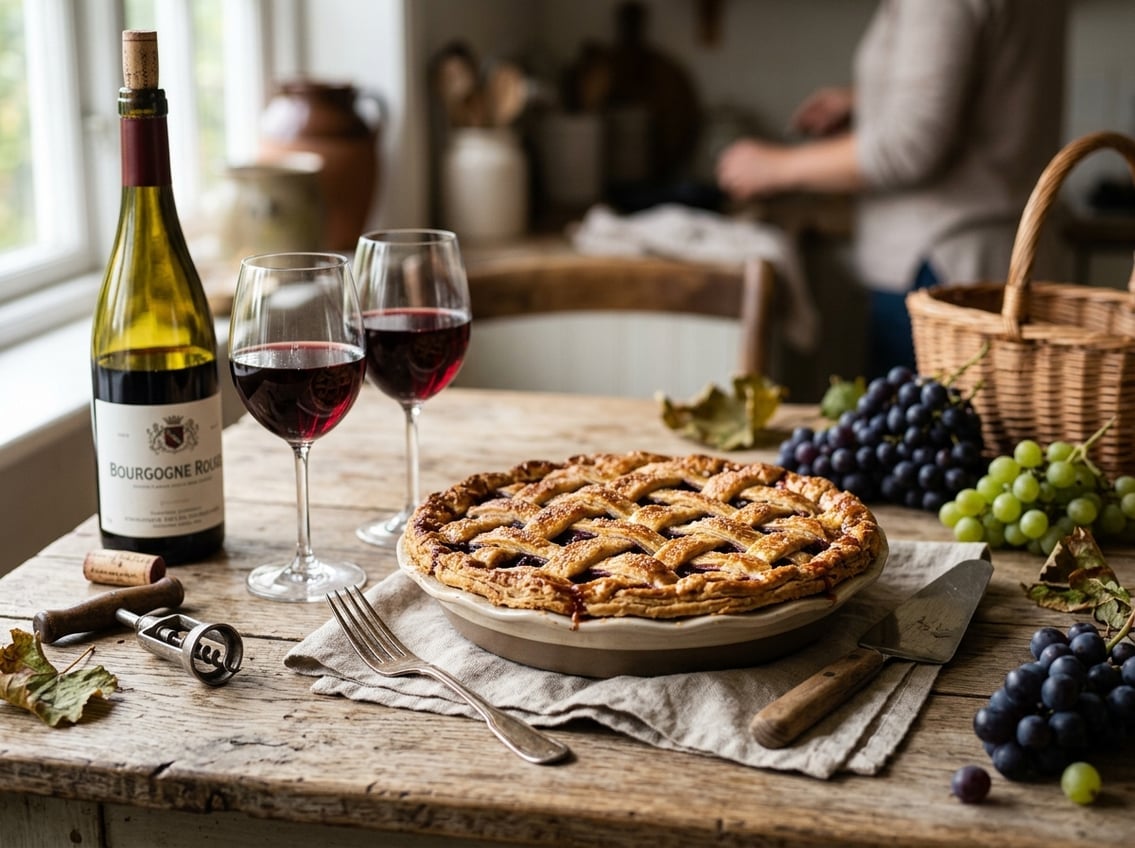 A freshly baked pie with a golden crust on a wooden table, surrounded by glasses and a bottle of red wine and fresh grapes.