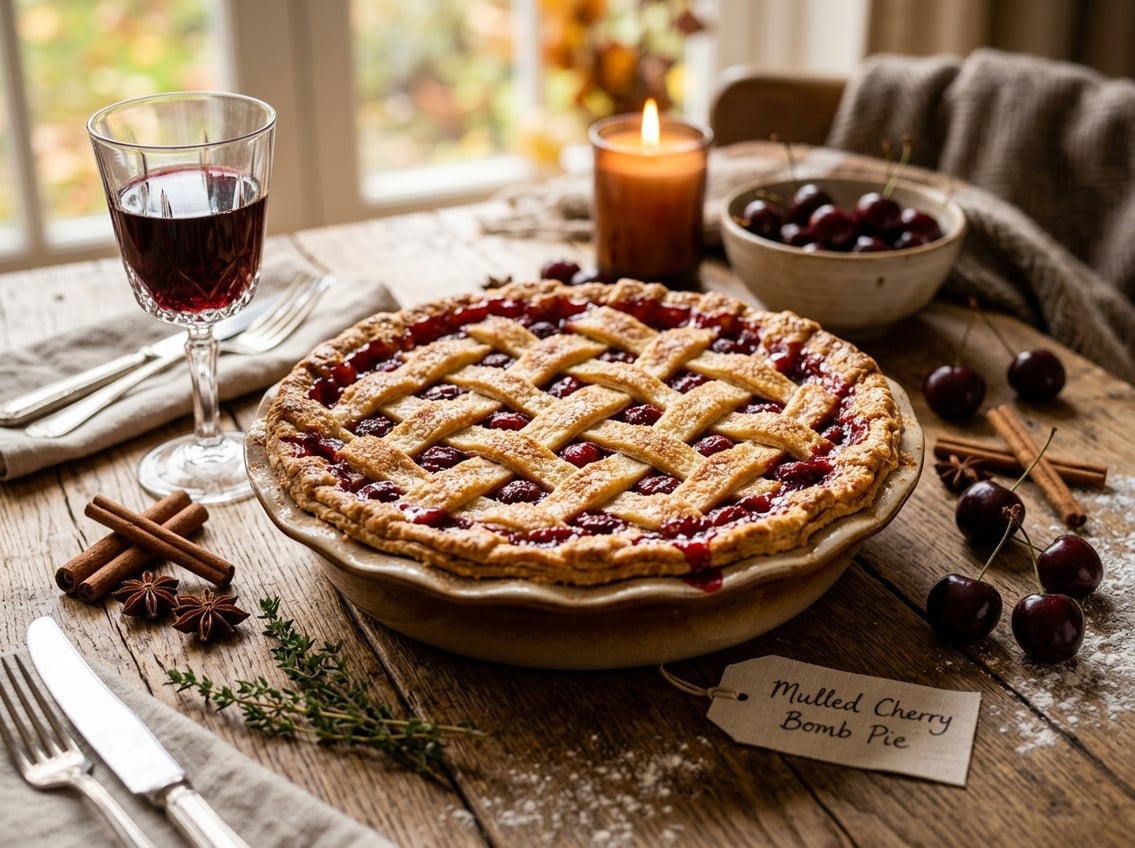 A freshly baked cherry pie with a golden crust on a wooden table surrounded by cherries, spices, and a glass of red wine.