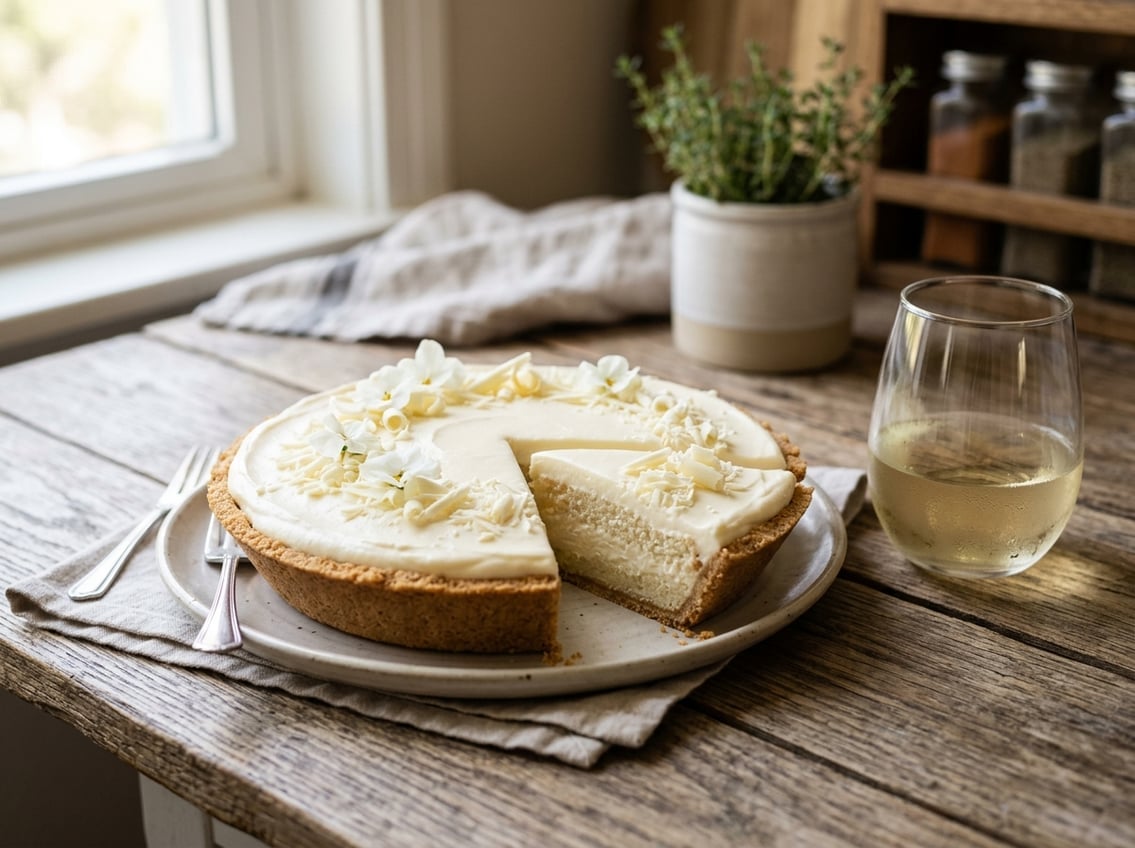 A white velvet pie with white chocolate shavings on a wooden table next to a glass of white wine.