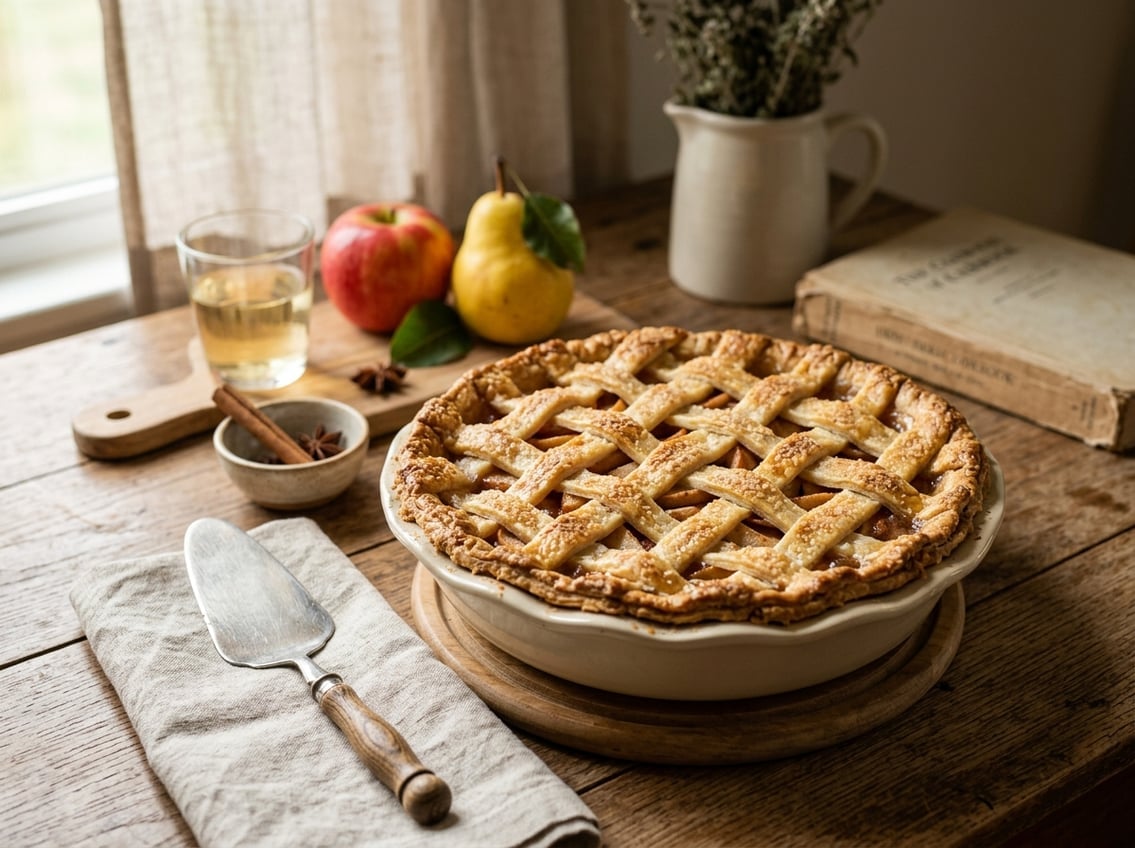 A freshly baked apple-pear white wine pie on a wooden table with apples, pears, and a glass of white wine nearby.
