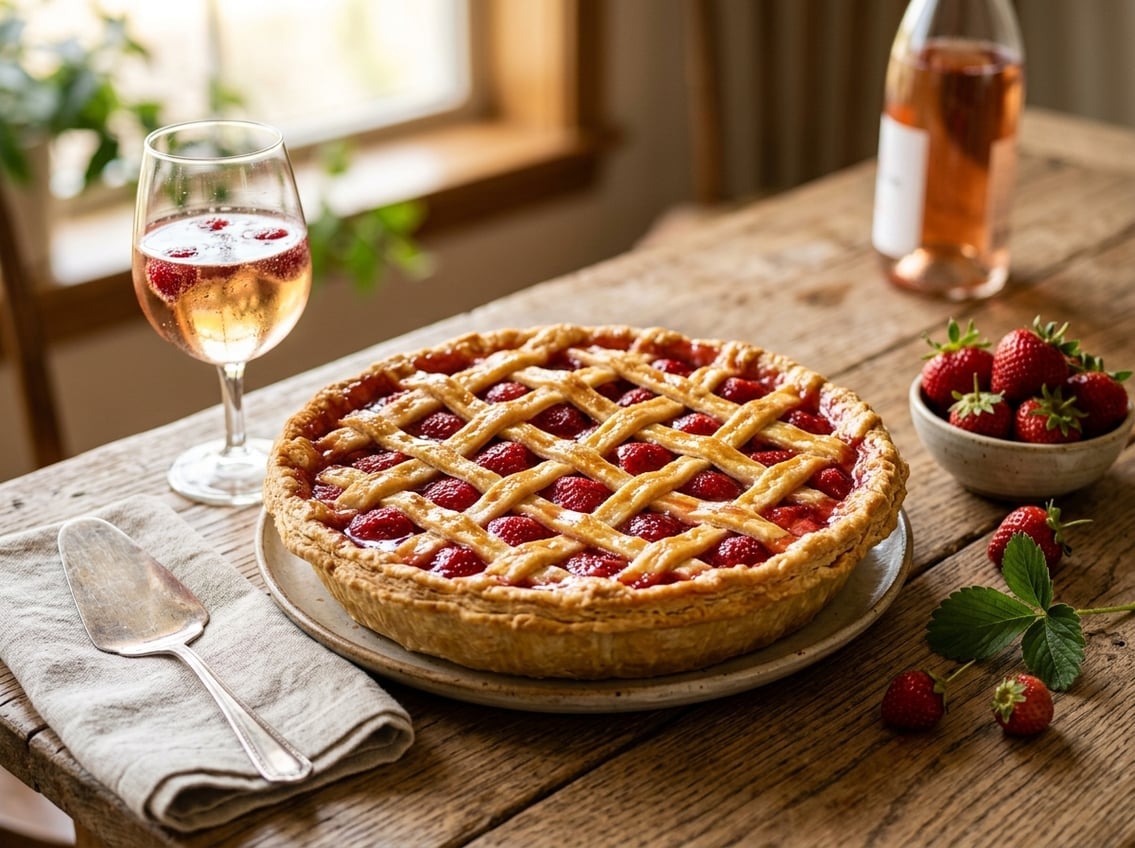 A freshly baked strawberry pie with ros&eacute; wine glaze on a wooden table, surrounded by fresh strawberries and a glass of ros&eacute; wine.