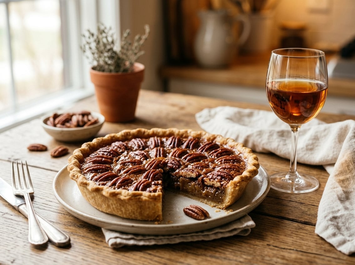 A pecan pie on a wooden table next to a glass of amber-colored wine.