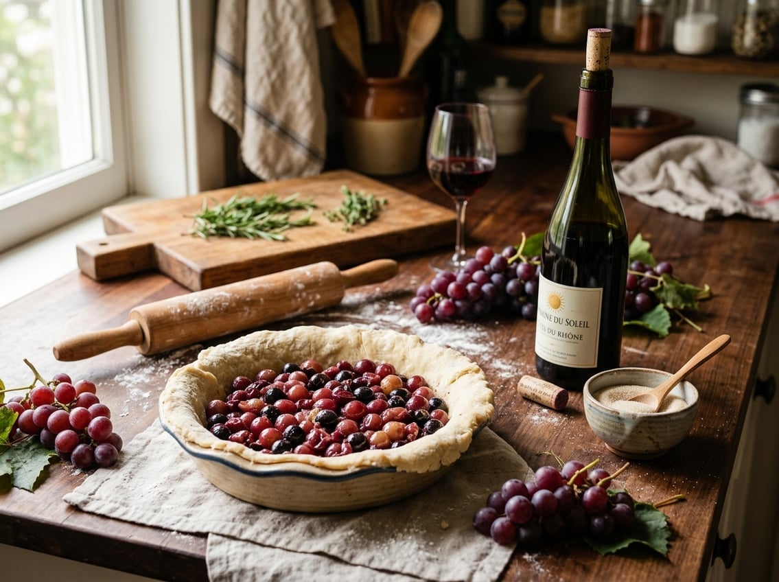 A kitchen countertop with a partially assembled pie crust, fresh grapes, a bottle of red wine, and baking utensils.