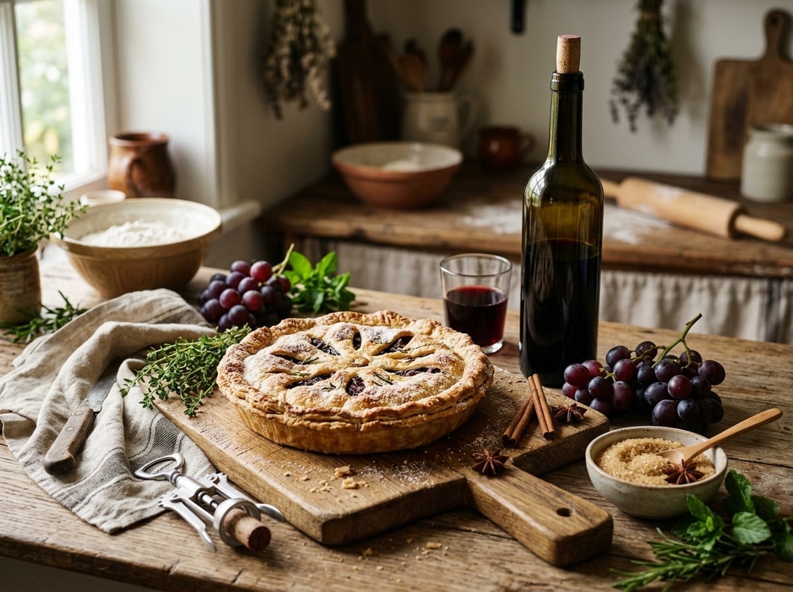 A freshly baked pie on a wooden board surrounded by a bottle of red wine, grapes, and kitchen utensils on a rustic kitchen counter.