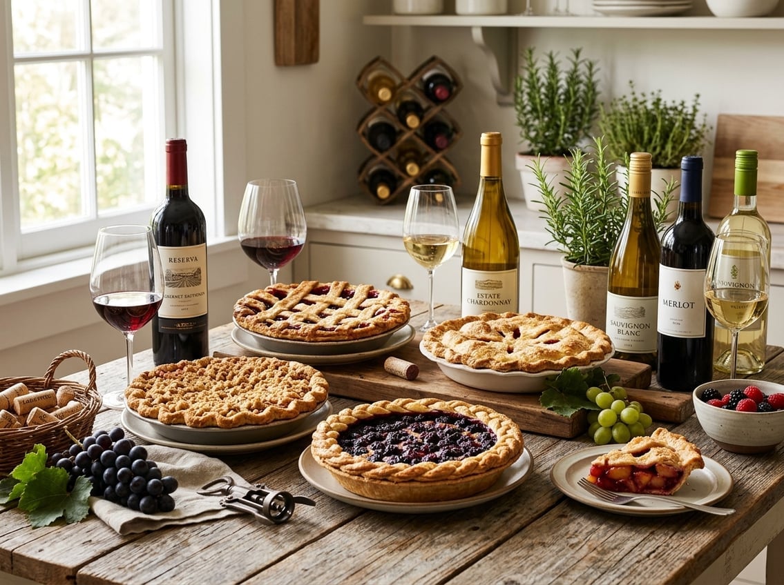 A wooden table with baked fruit pies and glasses of red and white wine in a kitchen setting.
