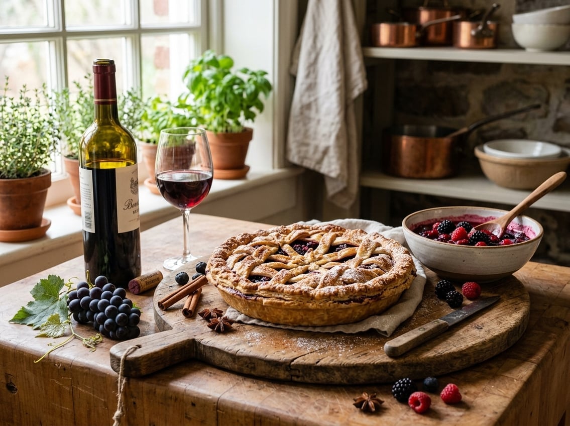 A freshly baked wine pie on a wooden board surrounded by red wine, grapes, and baking ingredients in a kitchen setting.