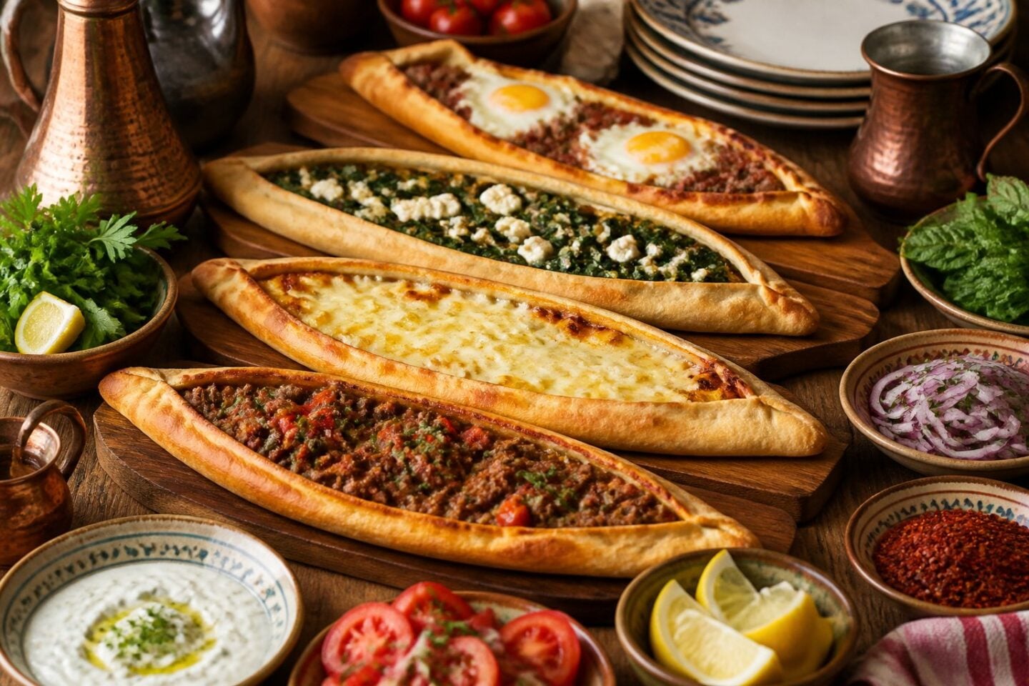 A wooden table set with several freshly baked Turkish pides and small bowls of traditional accompaniments like yogurt dip, herbs, and lemon wedges.