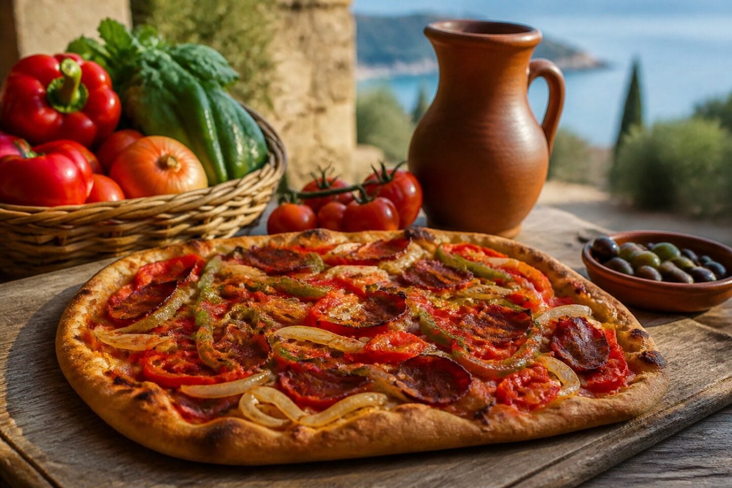 A traditional Spanish flatbread topped with chopped peppers, tomatoes, and onions on a wooden board in a kitchen setting.
