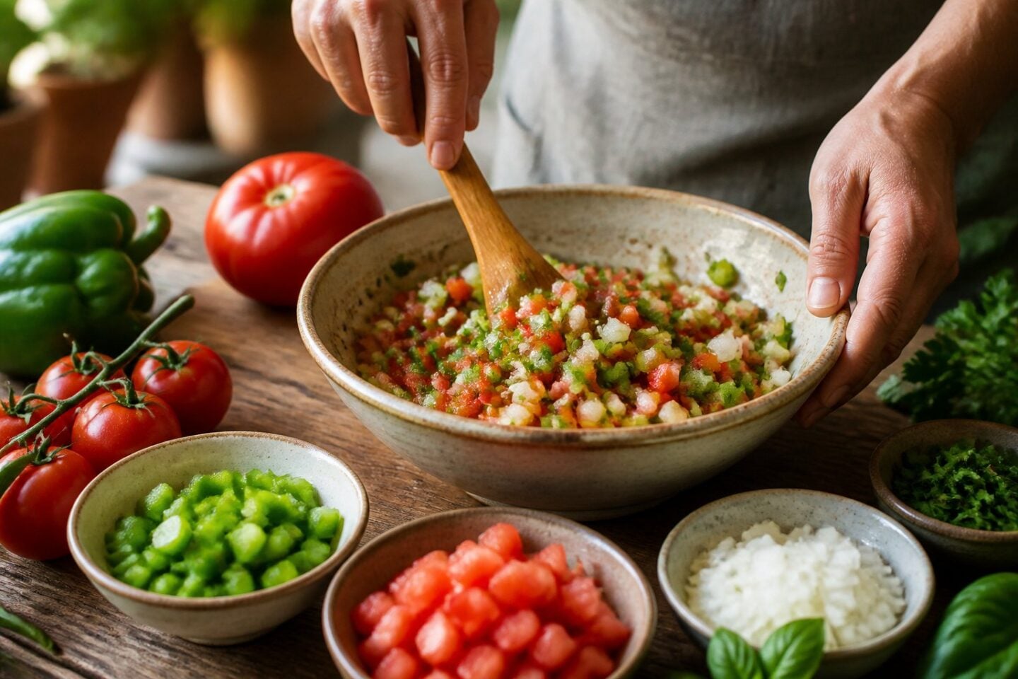 Hands mixing a colorful vegetable topping with diced peppers, tomatoes, and onions in a bowl on a wooden table.