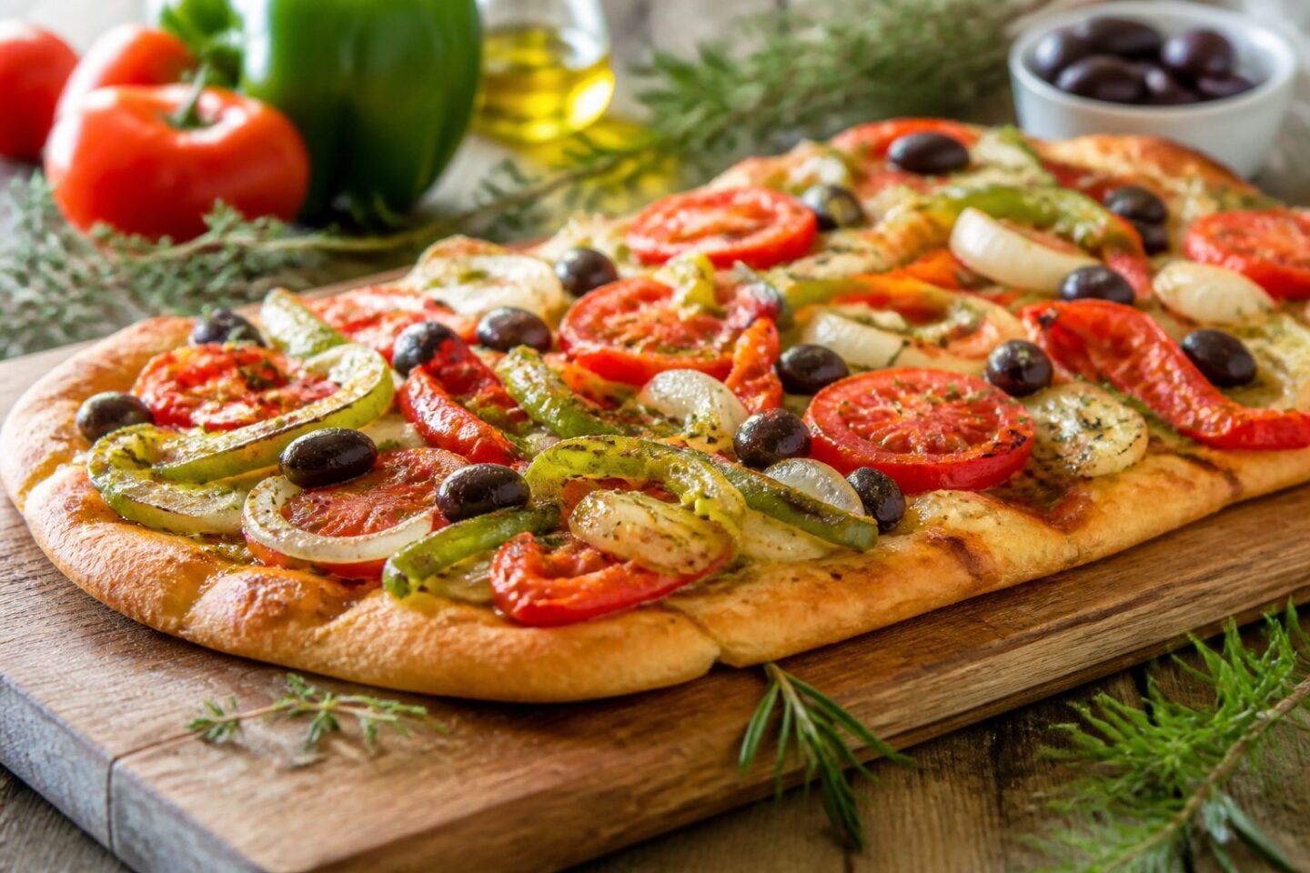 A flatbread topped with fresh vegetables and herbs on a wooden cutting board in a kitchen setting.