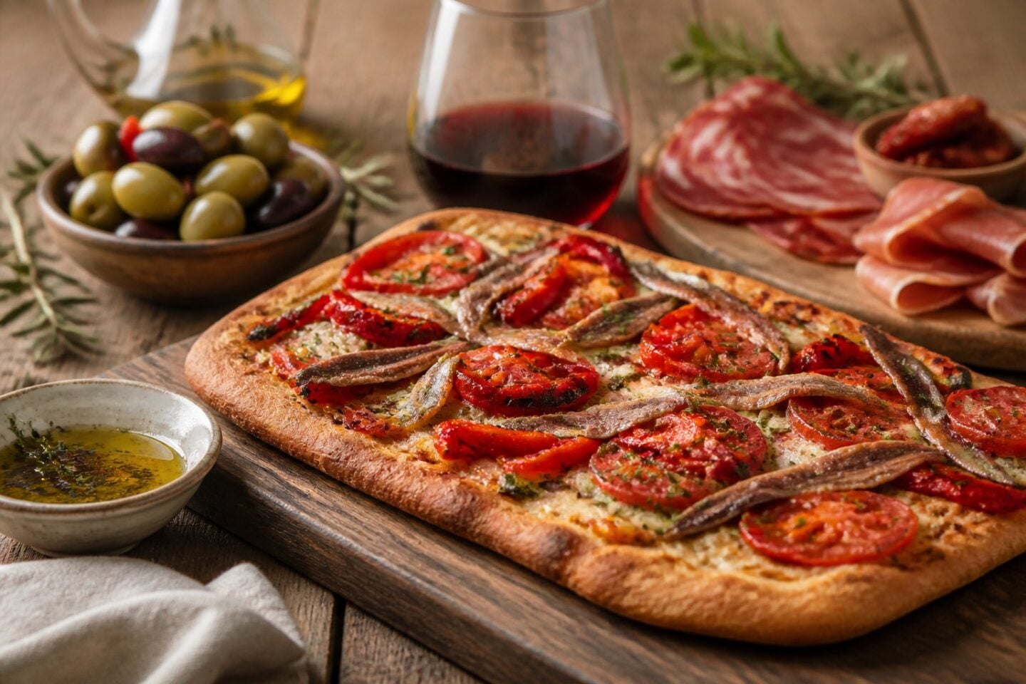 A wooden table with a traditional flatbread topped with roasted red peppers and anchovies, accompanied by a glass of red wine and small dishes of olives and cured meats.