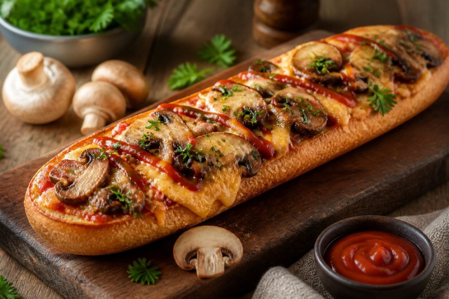 A halved baguette topped with melted cheese, mushrooms, onions, and ketchup on a wooden board with parsley garnish.