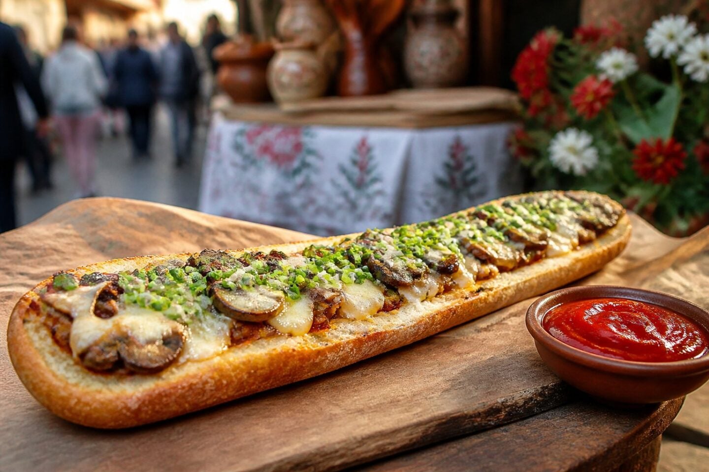 A close-up of a Polish baguette pizza topped with melted cheese, mushrooms, and green onions on a wooden board with a small bowl of ketchup beside it.