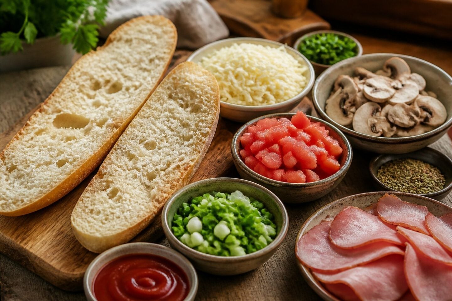 Fresh ingredients for making Zapiekanka arranged on a wooden table, including baguette halves, mushrooms, cheese, ham, tomatoes, green onions, and tomato sauce.