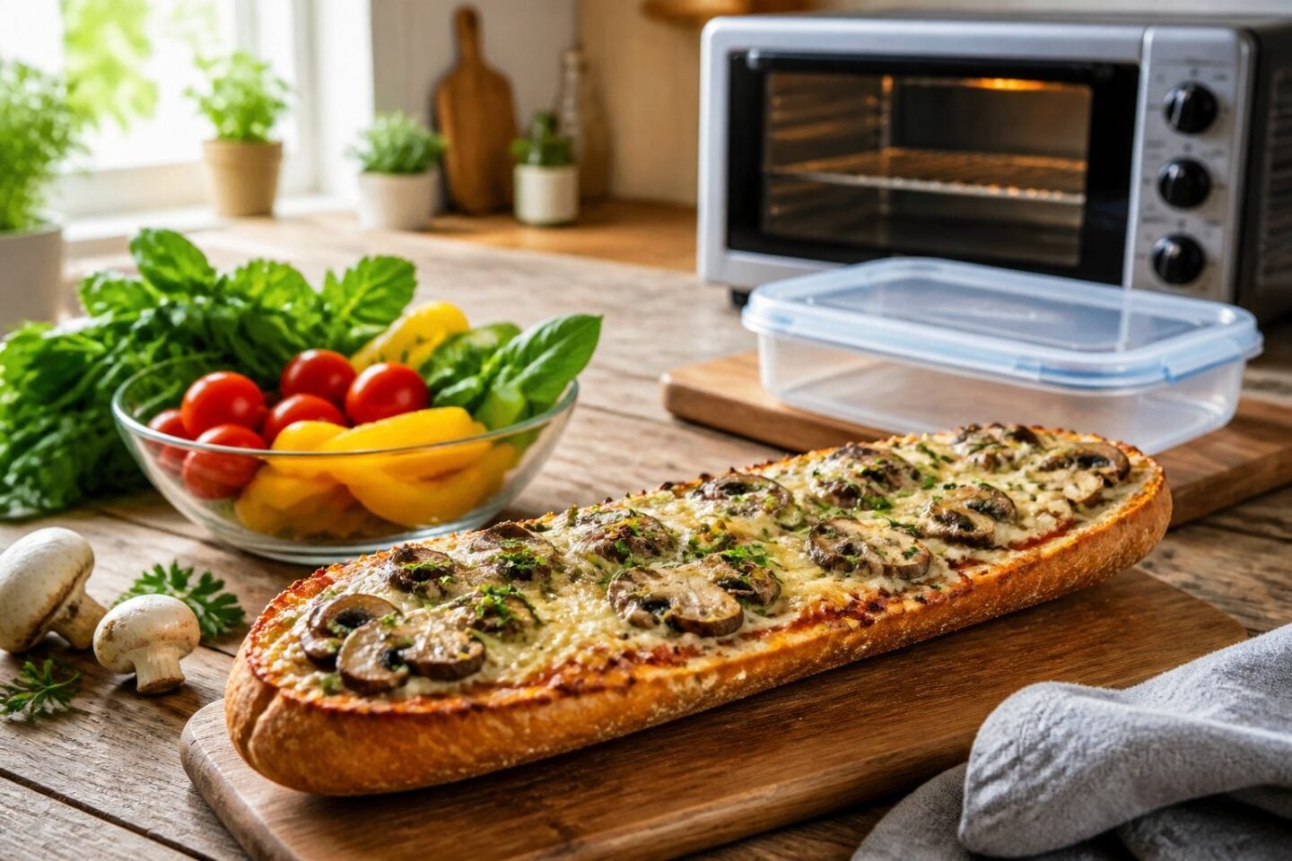 A freshly baked Zapiekanka on a wooden table with fresh vegetables, an airtight container, and a microwave oven in a bright kitchen setting.