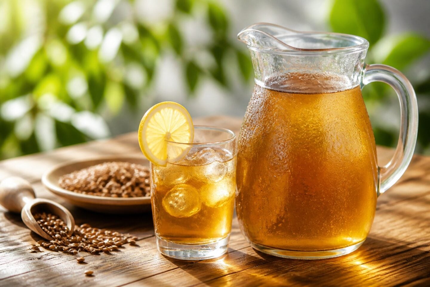 A glass pitcher and glass tumbler filled with chilled barley tea on a wooden table with roasted barley grains nearby.