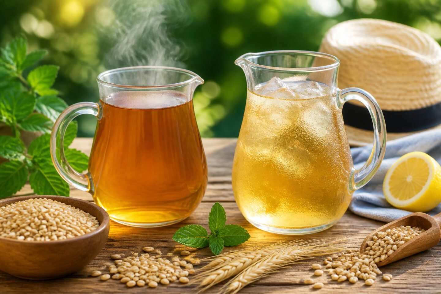 Two glass pitchers on a wooden table outdoors, one with steaming hot barley tea and the other with iced barley tea, surrounded by barley grains and summer items.