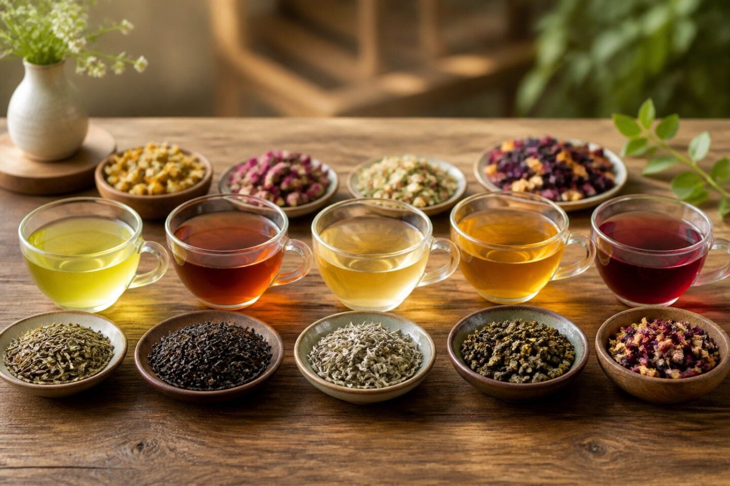 A wooden table displaying several cups of different types of tea with matching bowls of loose tea leaves beside each cup.