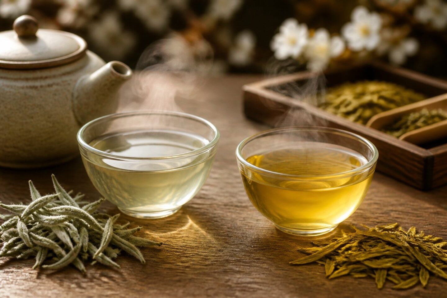 Two clear glass teacups with white tea and yellow tea on a wooden table surrounded by fresh tea leaves and a teapot.