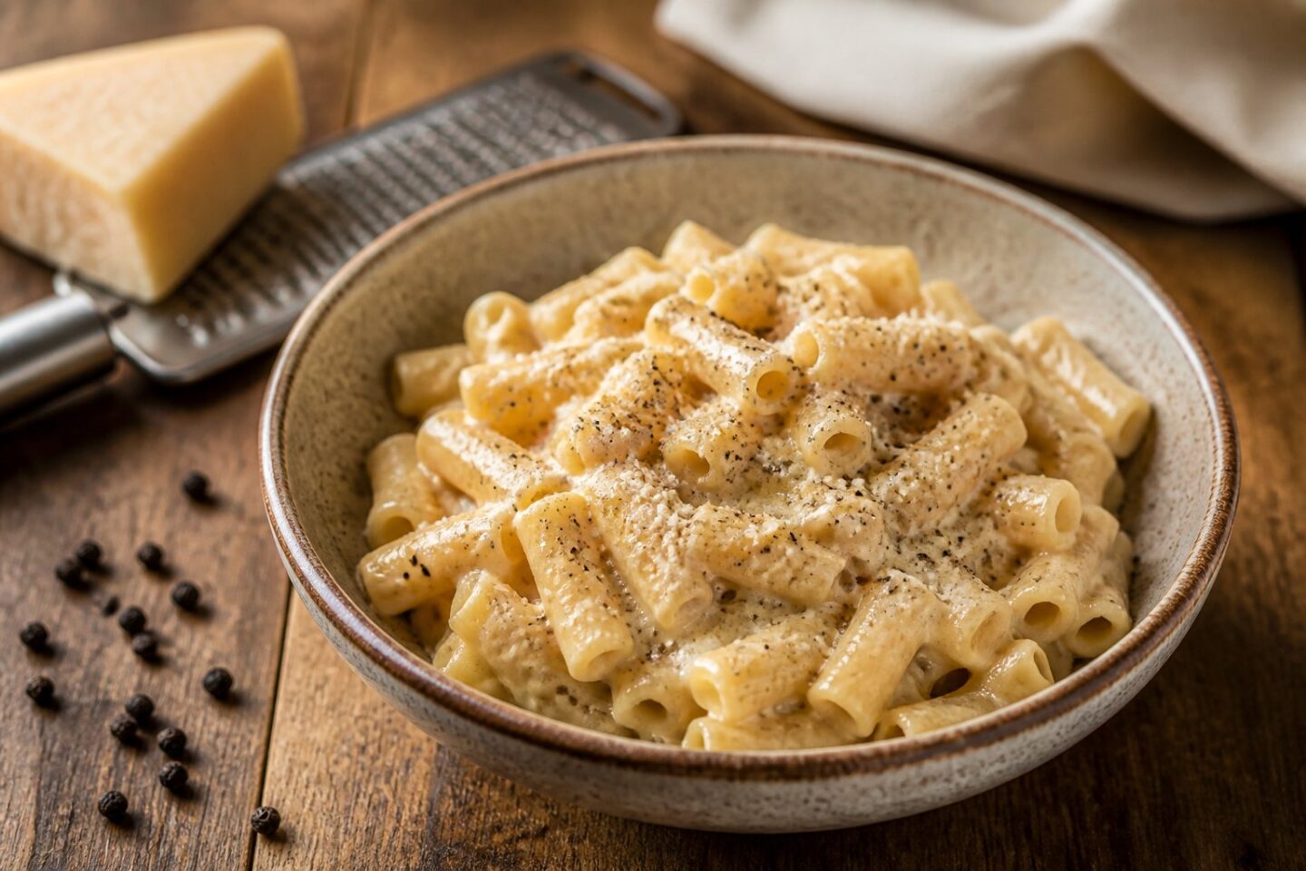 A bowl of short pasta coated in creamy cheese sauce with black pepper on a wooden table, with Parmesan cheese and black peppercorns nearby.