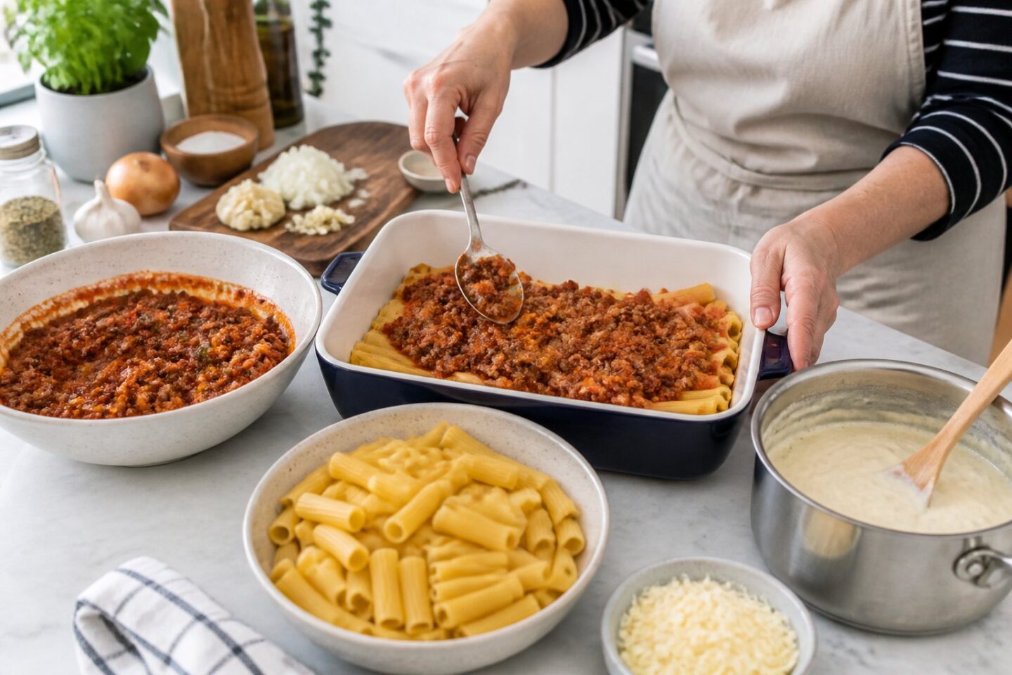 Hands layering pasta and meat sauce in a baking dish with cooking ingredients on a kitchen countertop.