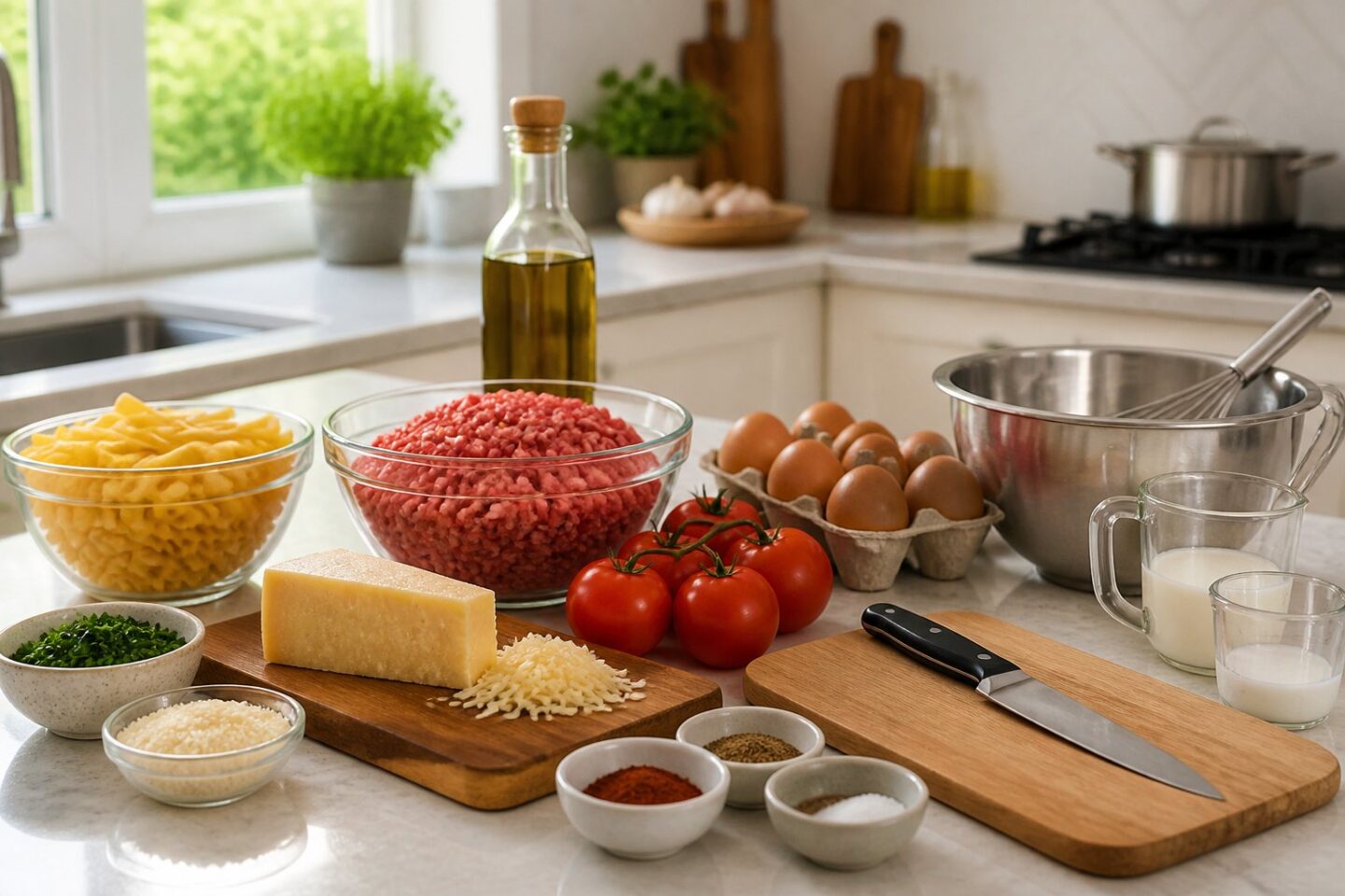 A kitchen countertop with ingredients and utensils arranged for making pastitsio.