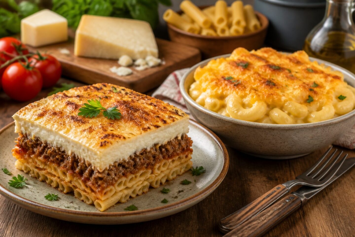 A plated serving of pastitsio next to a bowl of macaroni and cheese on a wooden table with fresh herbs and cooking ingredients around.