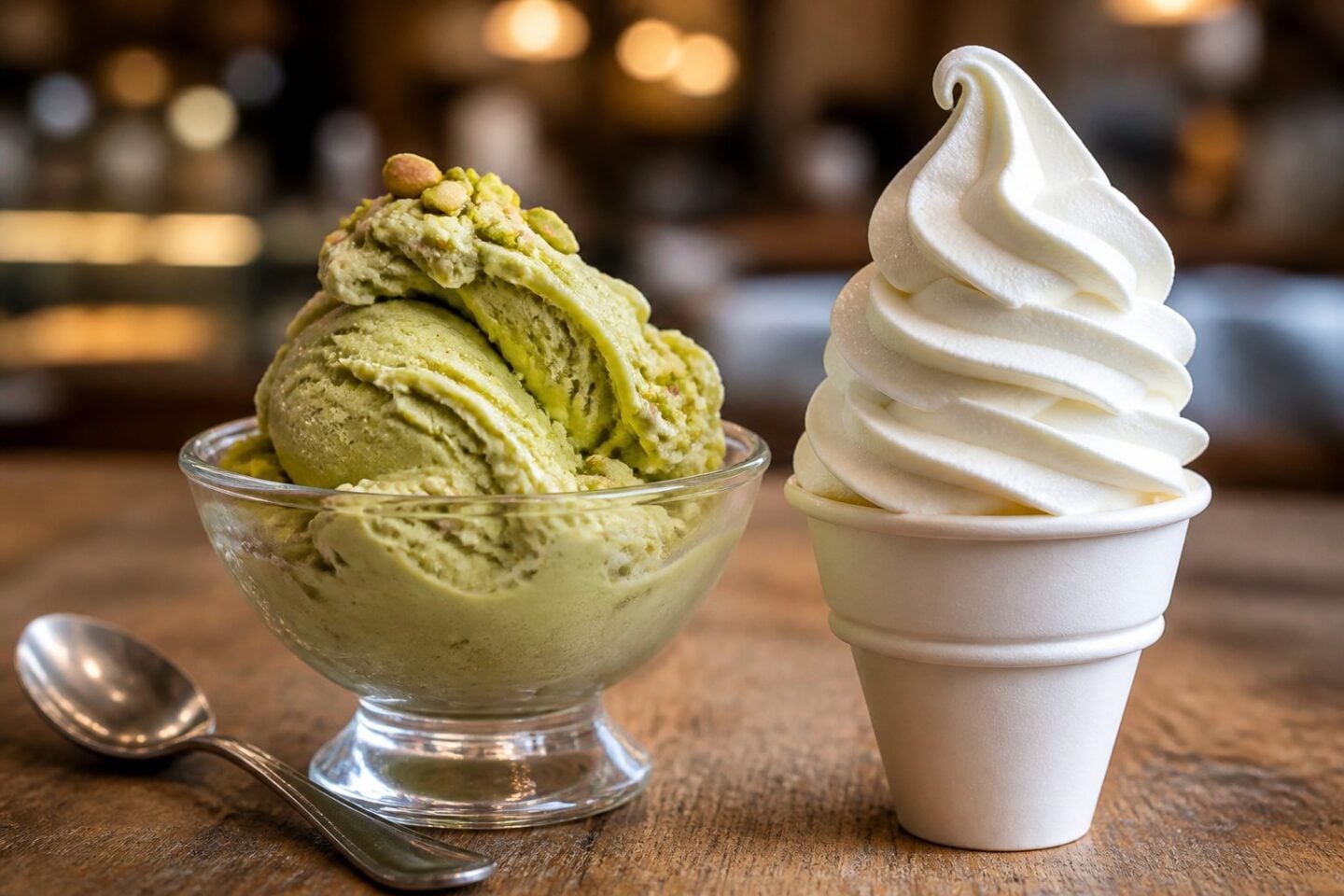 A bowl of green gelato and a cone of vanilla soft serve ice cream side by side on a wooden table.
