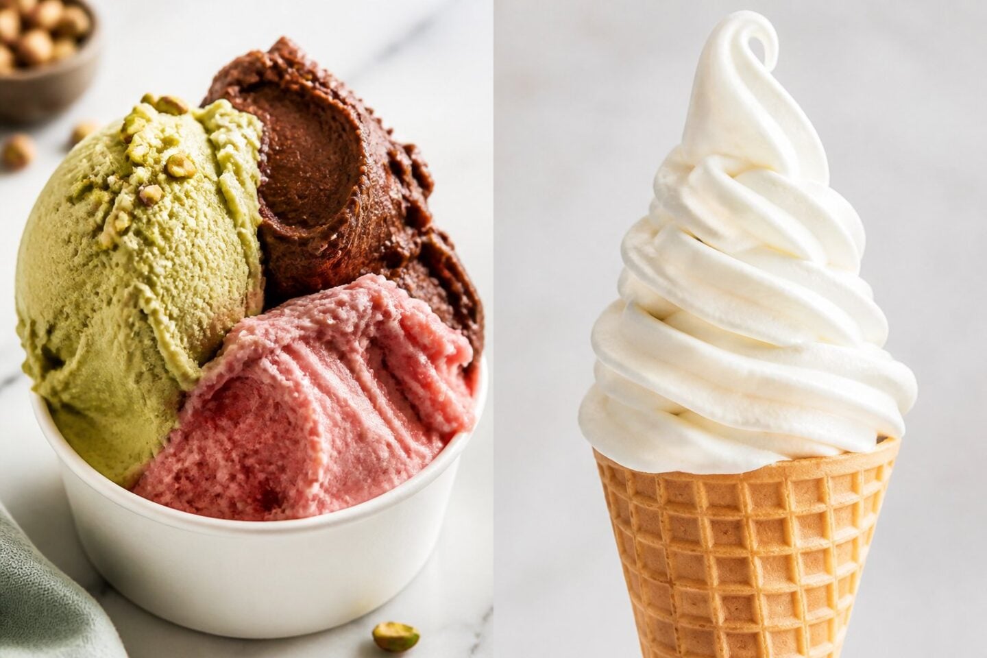 A close-up view of gelato scoops in a cup next to a soft serve ice cream cone on a bright background.