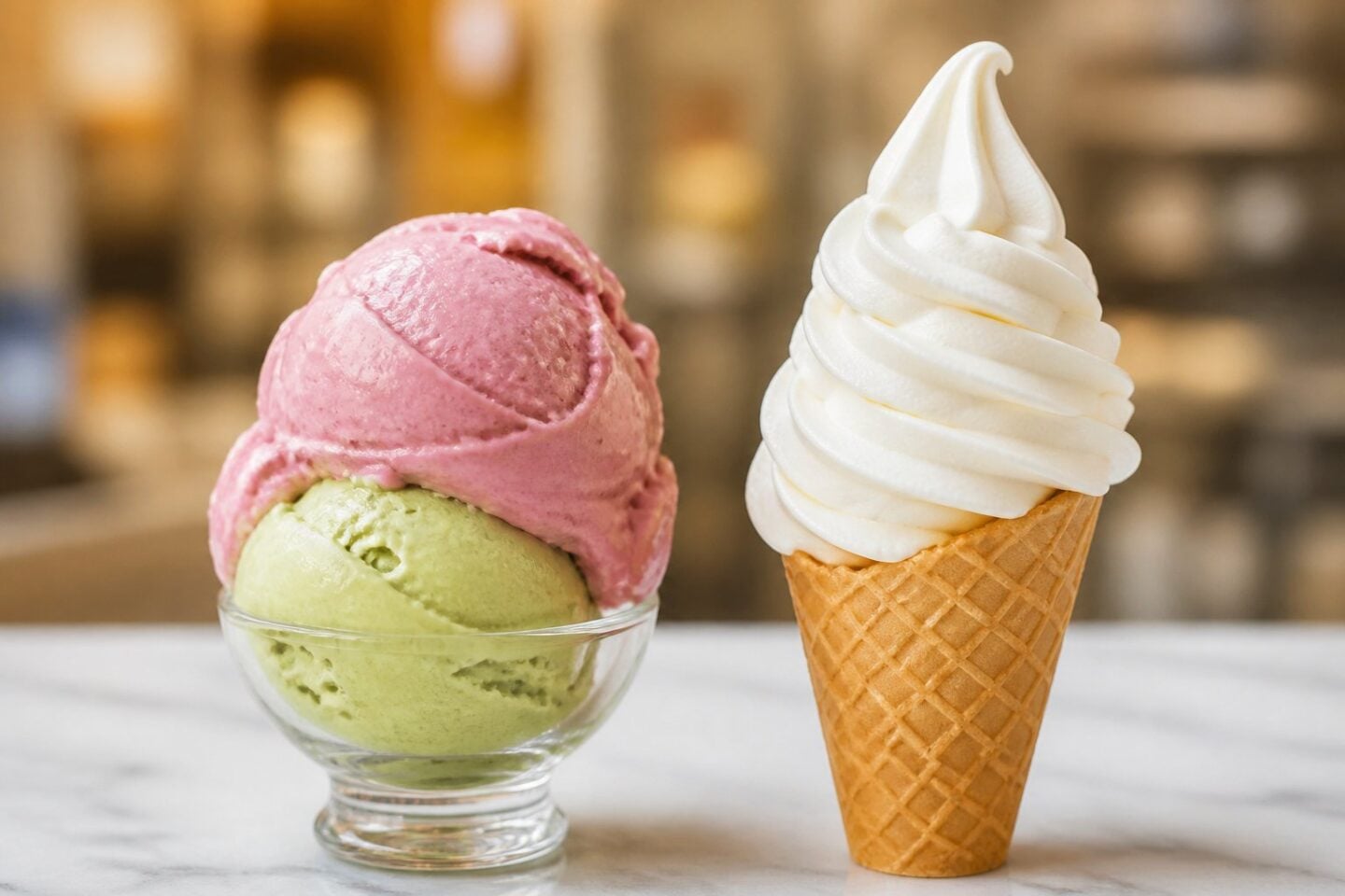 Two desserts side by side, a scoop of gelato in a glass cup and a swirl of soft serve ice cream in a cone on a white surface.