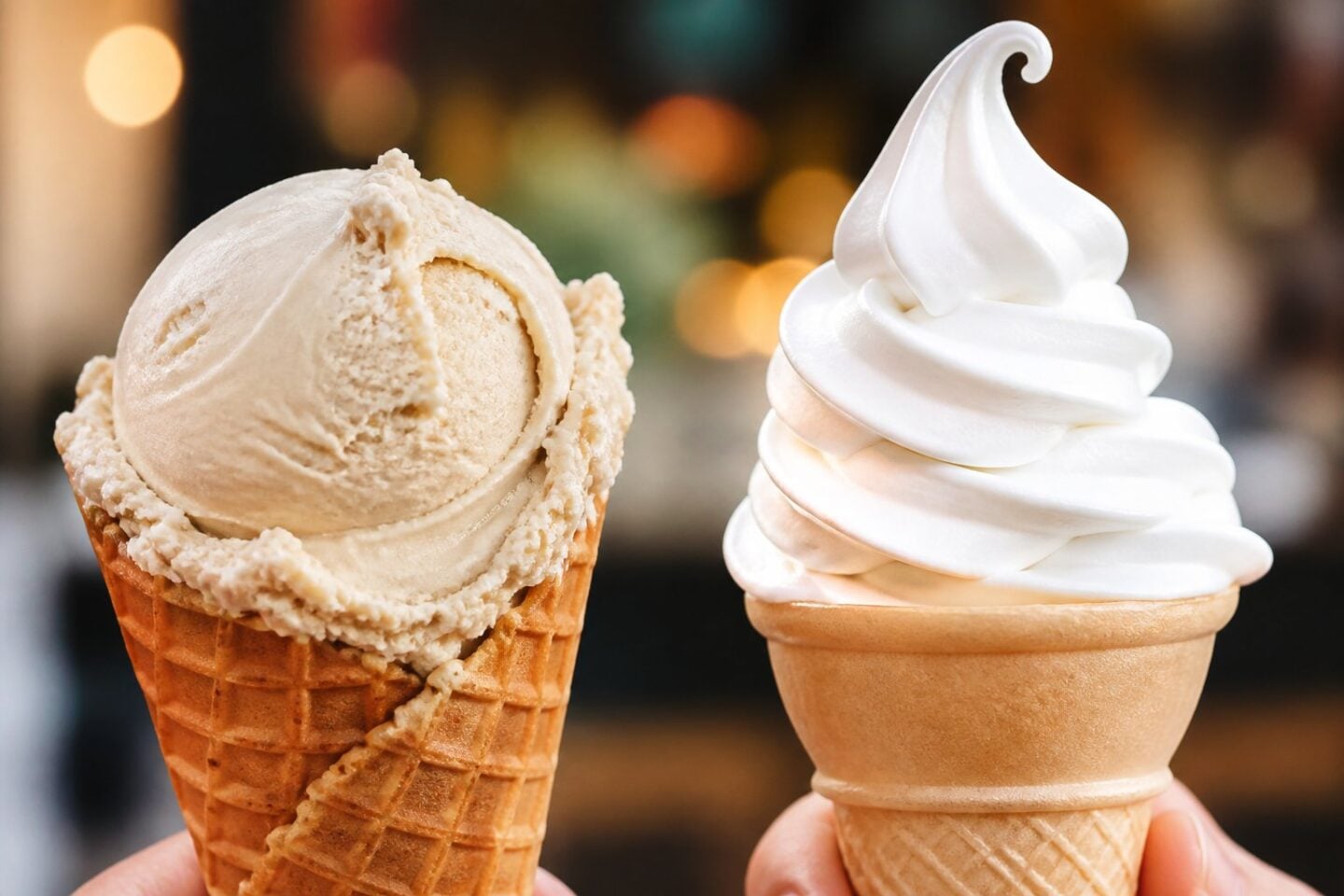 Close-up view of gelato and soft serve ice cream in cones side by side.