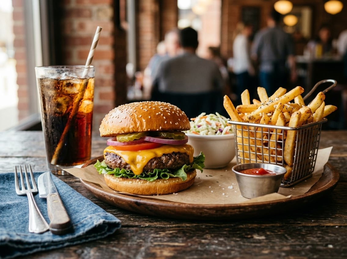 A cheeseburger with lettuce, tomato, and pickles on a sesame bun, served with French fries, coleslaw, and a glass of cola on a wooden table.