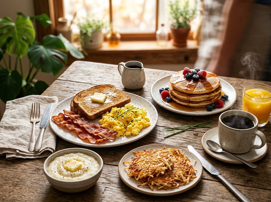 A breakfast table with bacon, scrambled eggs, toast, pancakes with syrup and berries, grits, hash browns, orange juice, and coffee.