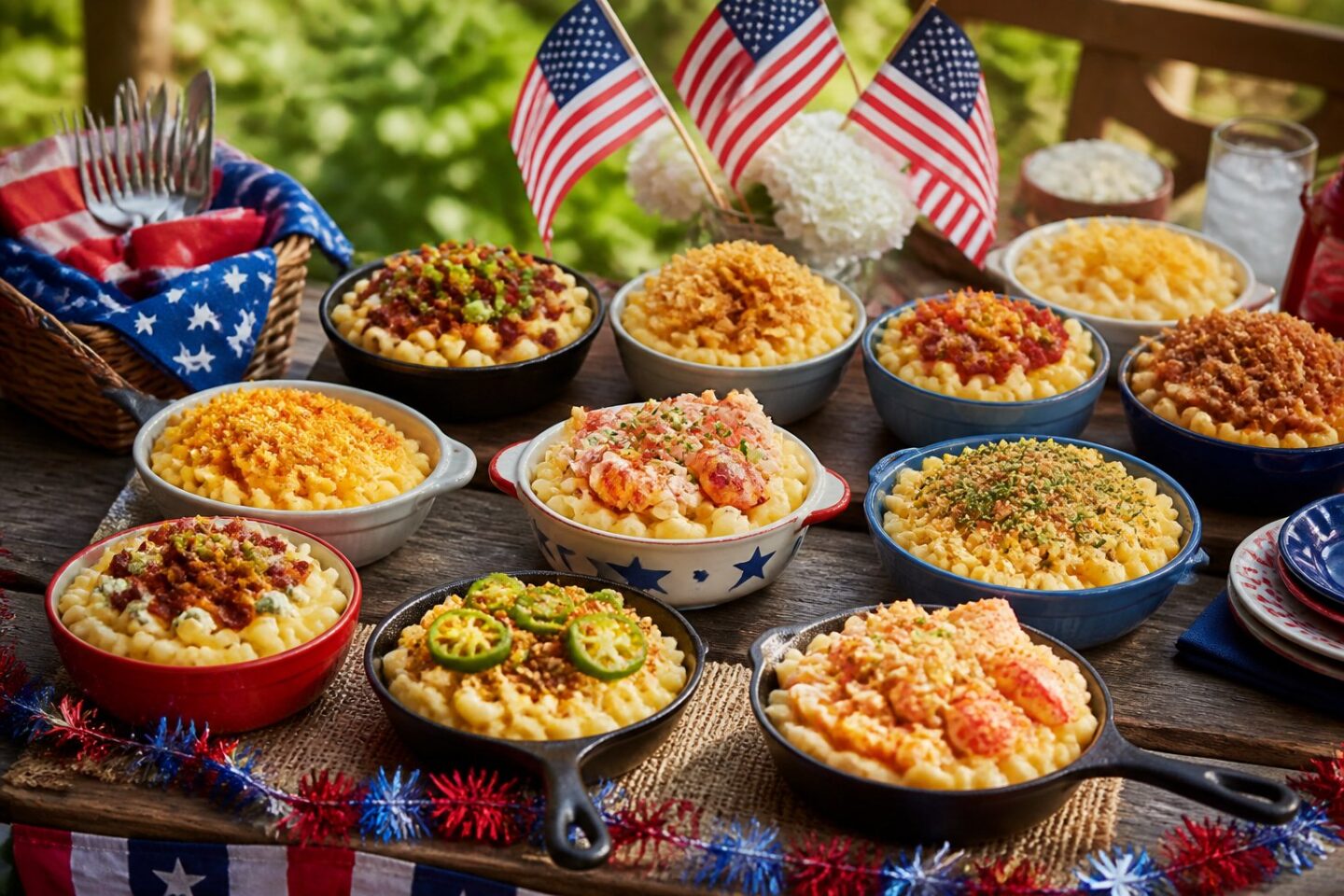 A picnic table outdoors with ten different bowls of mac and cheese decorated for a 4th of July celebration with small American flags and patriotic decorations.