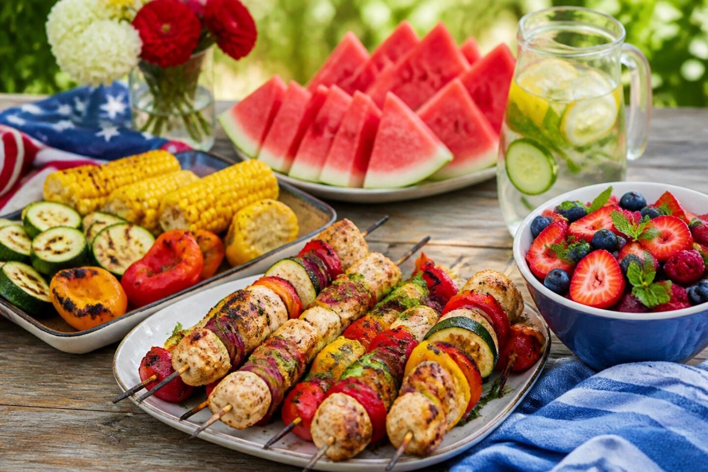 A table outdoors with grilled vegetables, mixed berry salad, chicken and vegetable skewers, watermelon slices, and a pitcher of infused water, set for a healthy Fourth of July meal.