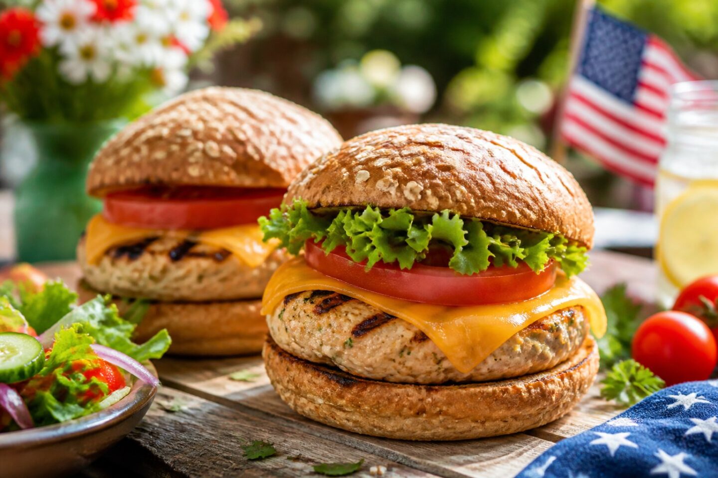 Close-up of turkey burgers on whole-grain buns with lettuce and tomato, set on a wooden table with summer picnic elements and an American flag in the background.