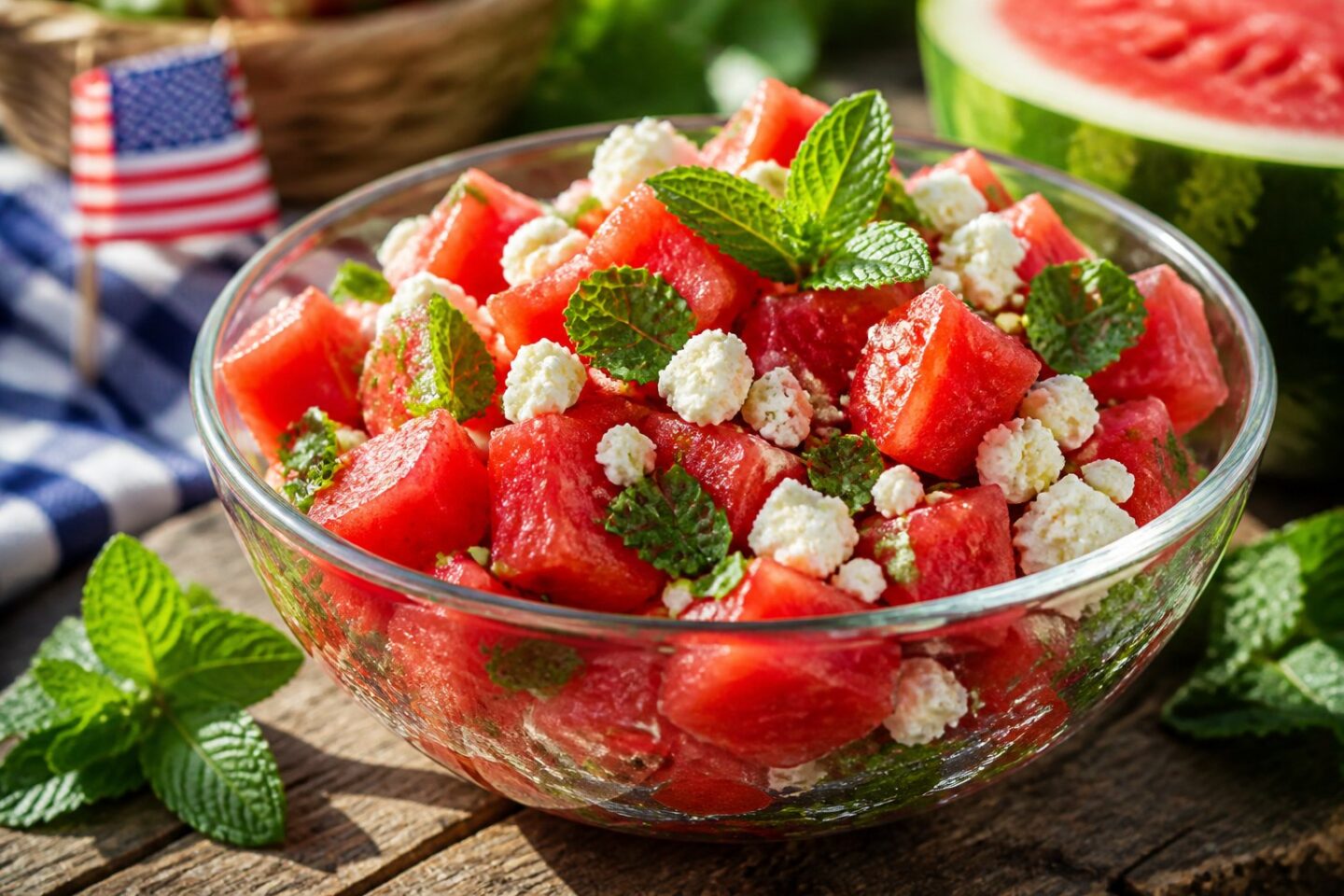 A bowl of watermelon, feta, and mint salad on a wooden table with summer decorations in the background.